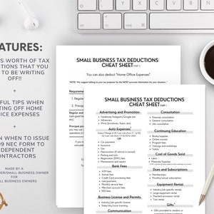 May include: A white sheet of paper with the title "Small Business Tax Deductions Cheat Sheet" in black text. The sheet lists various tax deductions for small businesses, including advertising and promotion, consultation, continuing education, cost of goods sold, dues and subscriptions, equipment rental, gifts, and more.