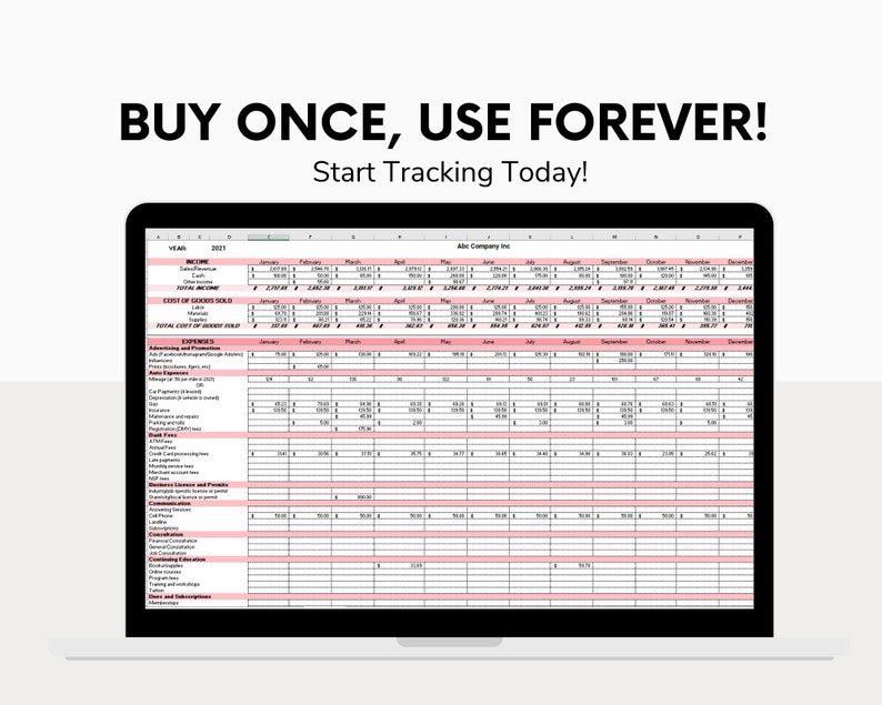 May include: A screenshot of a spreadsheet program showing a monthly budget template for a business. The spreadsheet is titled "ABC Company Inc." and includes columns for income, cost of goods sold, expenses, and advertising and promotion. The spreadsheet is colour-coded with pink and white rows.