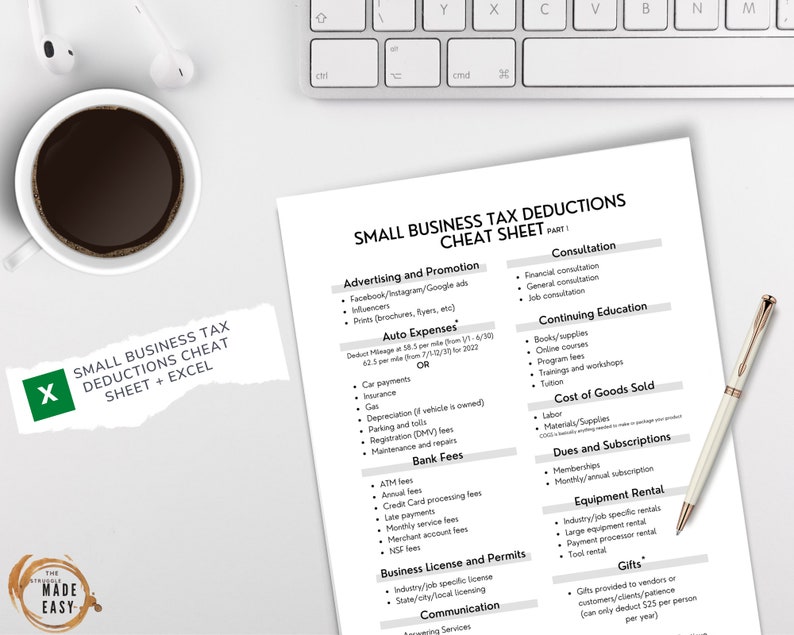 May include: A white sheet of paper with a list of small business tax deductions categorised by topic. The categories include advertising and promotion, consultation, continuing education, cost of goods sold, dues and subscriptions, equipment rental, gifts, business licence and permits, and communication. The sheet is titled "Small Business Tax Deductions Cheat Sheet Part 1".