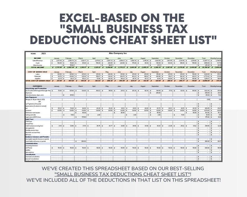 Business Tax Deductions Cheat Sheet Excel Deductible Tax | Etsy UK