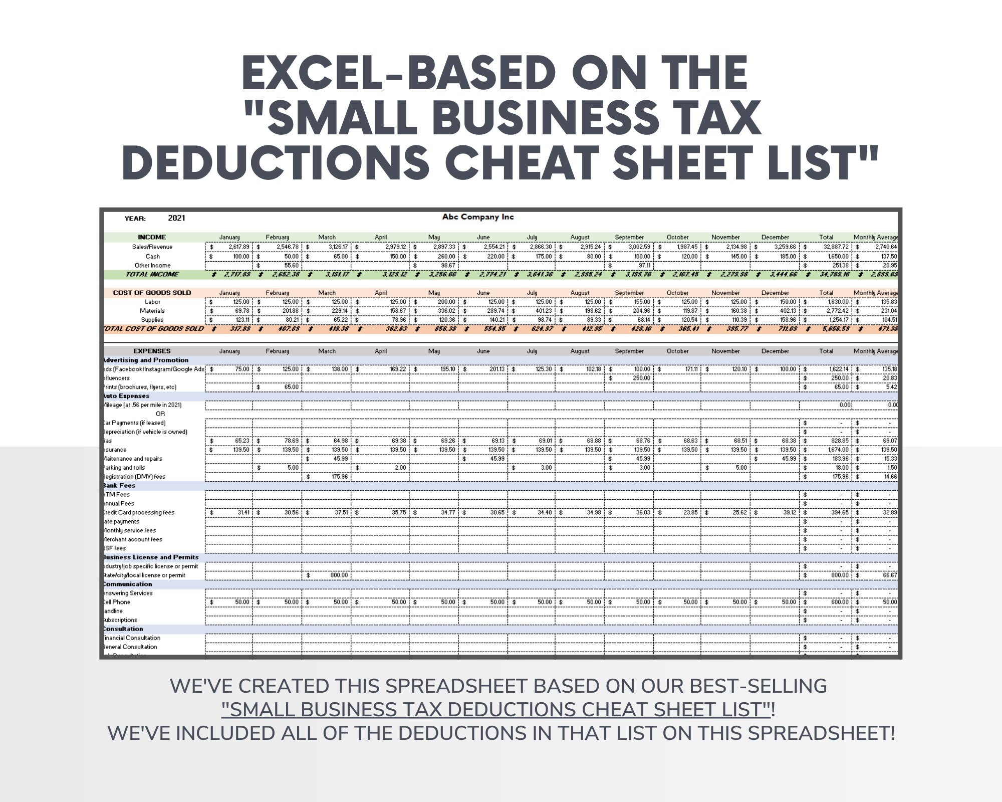 Business Tax Deductions Cheat Sheet Excel Deductible Tax Etsy UK