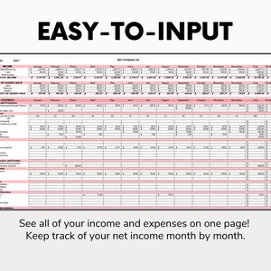 May include: A pink and white spreadsheet with the title "Easy-to-Input" and the text "Abc Company Inc."  The spreadsheet is divided into columns for each month of the year, with rows for income and expenses.  The spreadsheet is designed to help users track their income and expenses on a monthly basis.