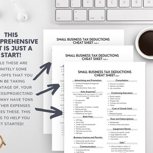 May include: A white sheet of paper with black text outlining a list of small business tax deductions. The list is divided into categories such as advertising and promotion, consultation, auto expenses, bank fees, business licence and permits, communication, continuing education, cost of goods sold, dues and subscriptions, equipment rental, and gifts. The text "Small Business Tax Deductions Cheat Sheet" is at the top of the page.