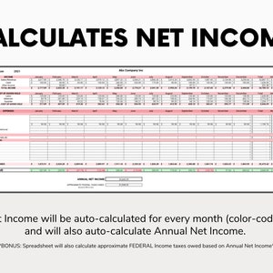 May include: A spreadsheet template for calculating net income for a business. The spreadsheet includes columns for income, cost of goods sold, expenses, and net income. It also includes a section for calculating annual net income and estimated federal income taxes.