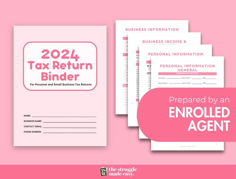2024 Tax Return Binder in Pink for Individuals and Businesses Tax