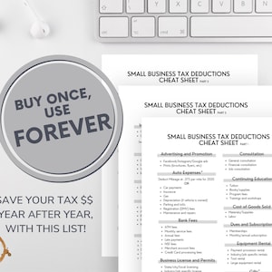 May include: A printable cheat sheet for small business tax deductions. The cheat sheet is divided into three parts: Advertising and Promotion, Consultation, and Continuing Education. The cheat sheet is designed to help small business owners save money on their taxes.