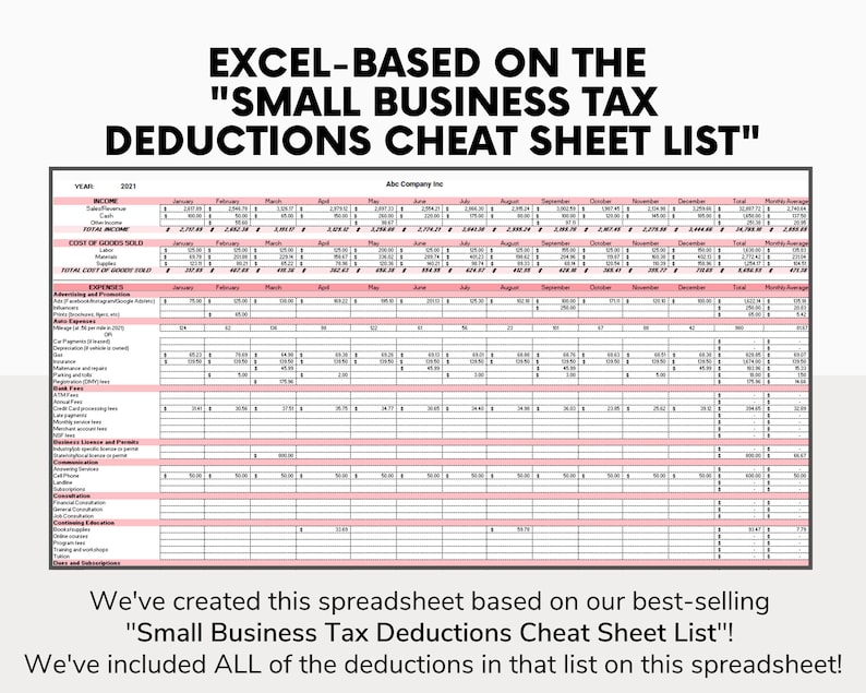 May include: A spreadsheet titled "Excel-Based on the "Small Business Tax Deductions Cheat Sheet List"" with a list of business expenses and income categories for the year 2021. The spreadsheet is divided into columns for each month of the year, with a total column and a monthly average column.