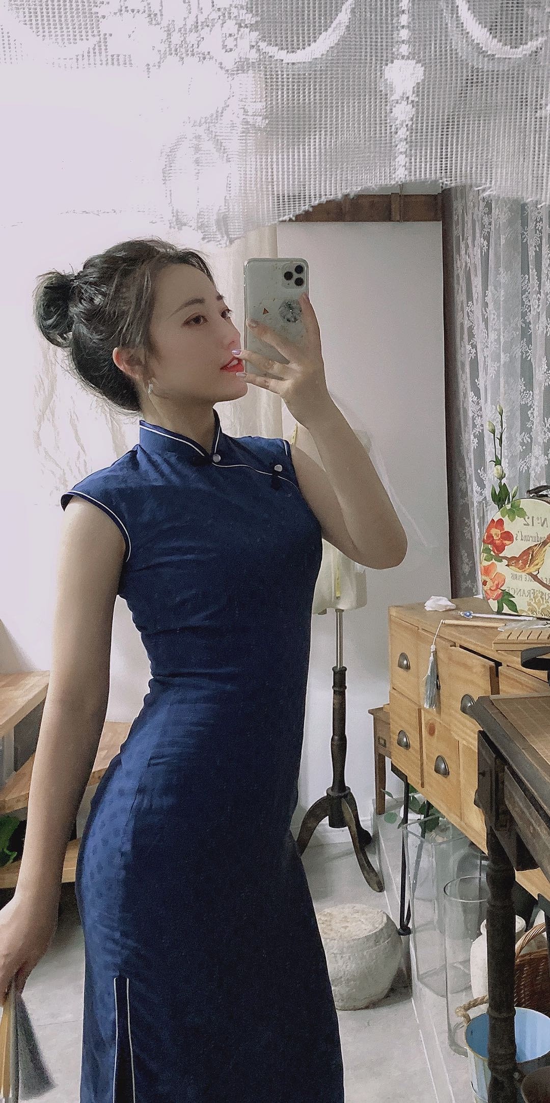 Custom Dark Blue Qipao Cheongsam Dress ...