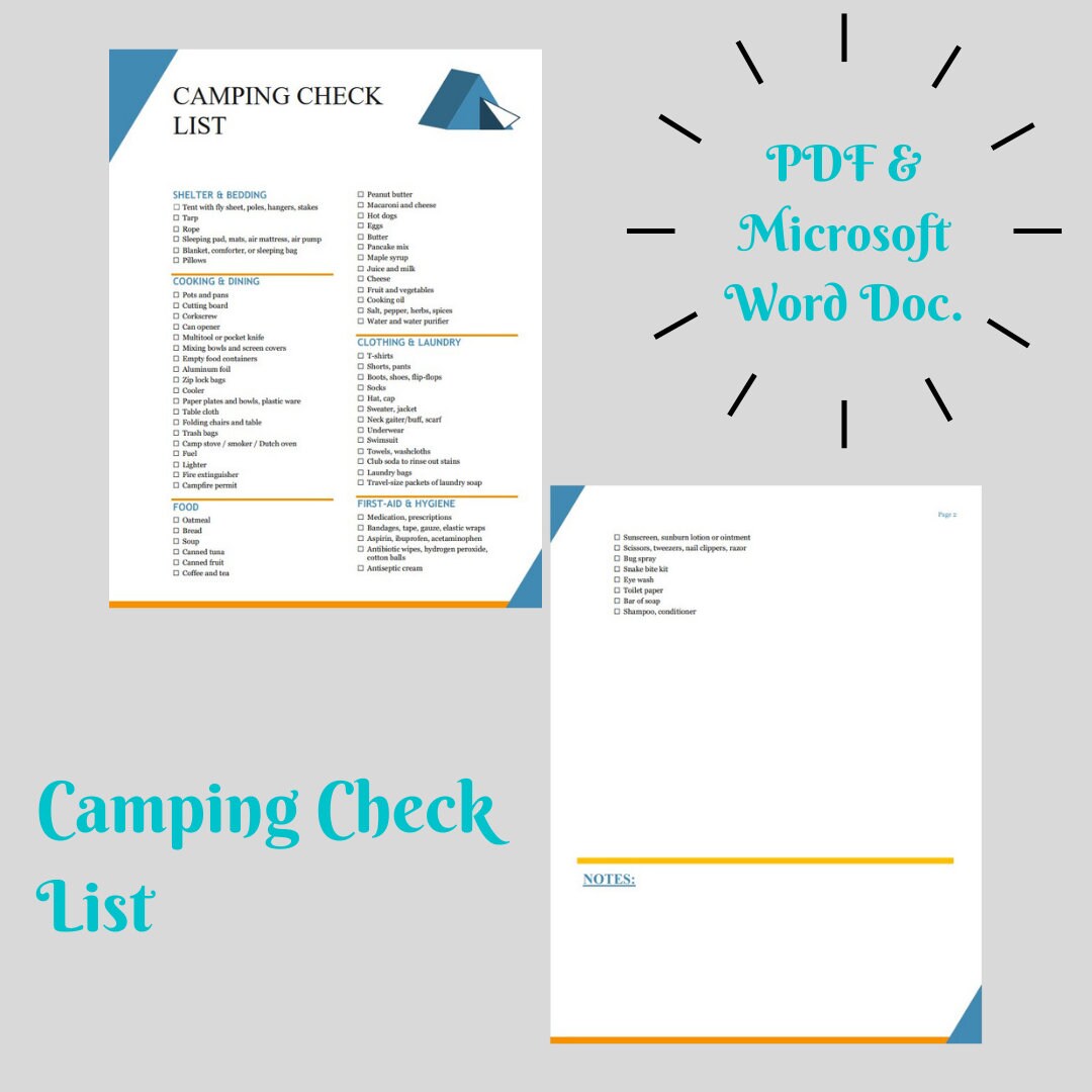 Camping Check List | Instant Download | Included PDF and Microsoft Word ...