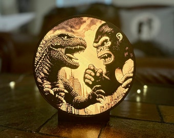 Godzilla vs King Kong Lithopane Lightbox / Lamp! Multicolored lights!