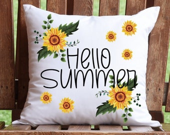 Hello Summer Kissenbezug, Sonnenblumen Aquarell Kissenbezug, Blumen Kissenbezug, Grün und Gelb Kissenbezug
