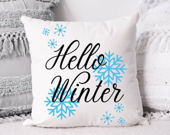 Hello Winter pillow cover, Snowflake pillow cover, Holiday winter decor