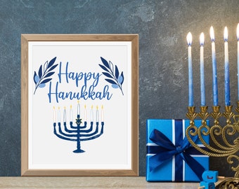 Happy Hanukkah printable sign, Hanukkah Decor, Festival of Lights printable, Jewish wall art-8x10, 11x14, 16x20 PDF Download