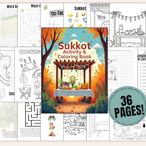 Może przedstawiać: Książka aktywności i kolorowania Sukkot z 36 stronami. Okładka przedstawia kolorową ilustrację Sukkota ze stołem zastawionym jedzeniem. Inne strony zawierają wyszukiwarki słów, labirynty i zajęcia o tematyce kempingowej.