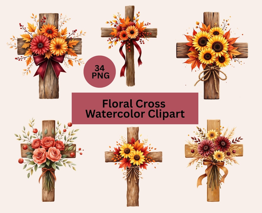 Wooden Cross Clipart, Fall Floral Clip Art, Watercolor Cross PNG ...