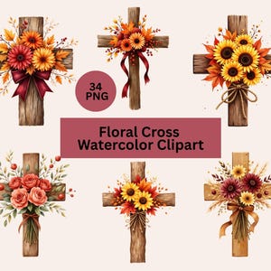 Puede incluir: Clipart de acuarela con seis cruces de madera adornadas con arreglos florales. Las cruces están decoradas con girasoles, rosas y hojas de otoño en tonos rojos, naranjas y amarillos. También está presente el texto "Floral Cross Watercolor Clipart".