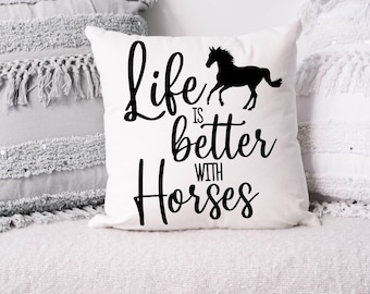 Funda de almohada "La vida es mejor con caballos", cojín decorativo para amantes de los caballos, decoración ecuestre para el hogar, regalo para dueños de caballos, cojín de estilo rústico