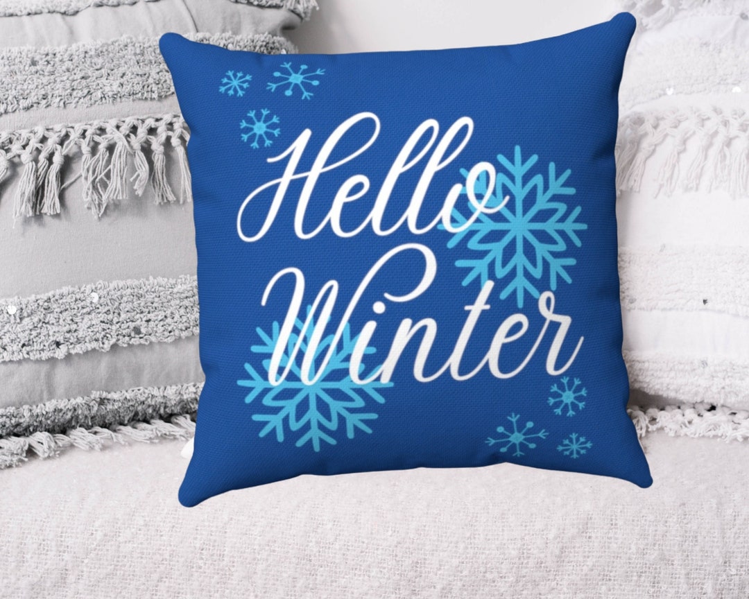 Hello Winter Pillow Cover, Snowflake Pillow Cover, Holiday Winter Decor