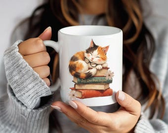 Caneca Calico para Amantes de Livros, Caneca de Café com Gato Lendo, Presente Ideal para Leitores Íntimos, Caneca Fofa com Gata Calico para Mulheres e Leitores