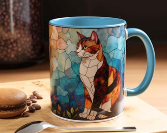 Stained Glass Calico Cat Mug, Colorful Floral Cat Lover Cup, Artistic Ceramic Coffee Mug, Gift for Cat Owners, Faux Stain Glass Ceramic Mug