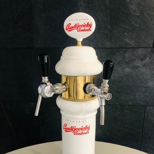 Oryginalna pompa do piwa Budějovický / Budweiser (porcelana i chrom) – dobre warunki