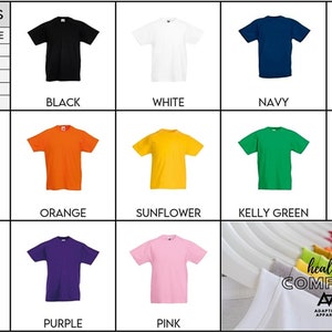 Broken Arm T-Shirt Size and Colour Guide