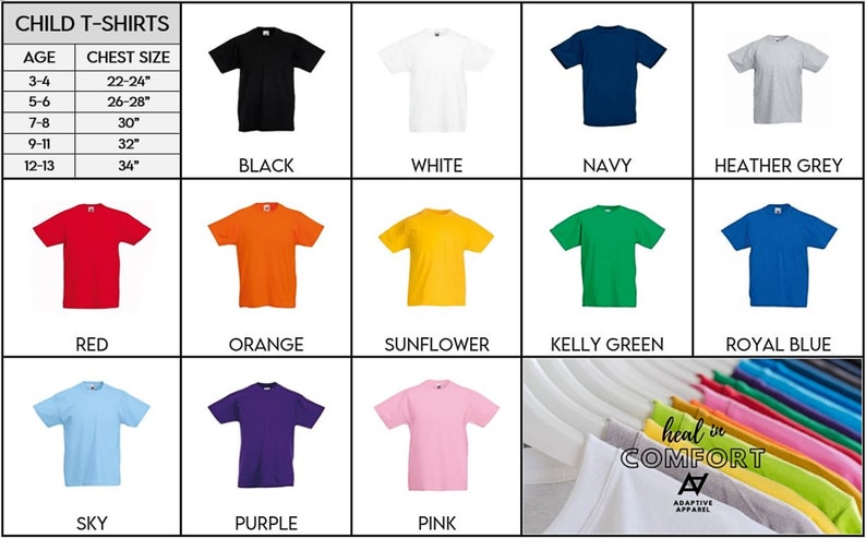 Broken Arm T-Shirt Size and Colour Guide