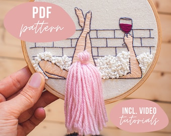 PDF PATTERN. hair embroidery design. wine and bath. hair embroidery pattern. Digital download with video tutorials.