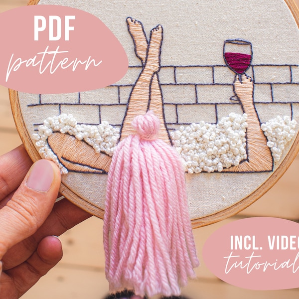 PDF PATTERN. hair embroidery design. wine and bath. hair embroidery pattern. Digital download with video tutorials.