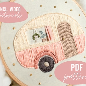 PDF PATTERN. Cute caravan embroidery pattern - happy camper design. Travel embroidery. Digital download with video tutorials.