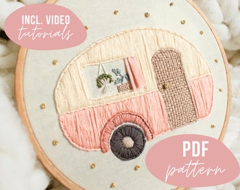 PDF PATTERN. Cute caravan embroidery pattern - happy camper design. Travel embroidery. Digital download with video tutorials.