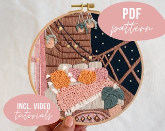 PDF PATTERN. Balcony summer night - interior embroidery design. hygge embroidery. Digital download with video tutorials.