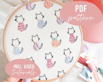 PDF PATTERN. Cute cat embroidery design. Digital download with video tutorials.