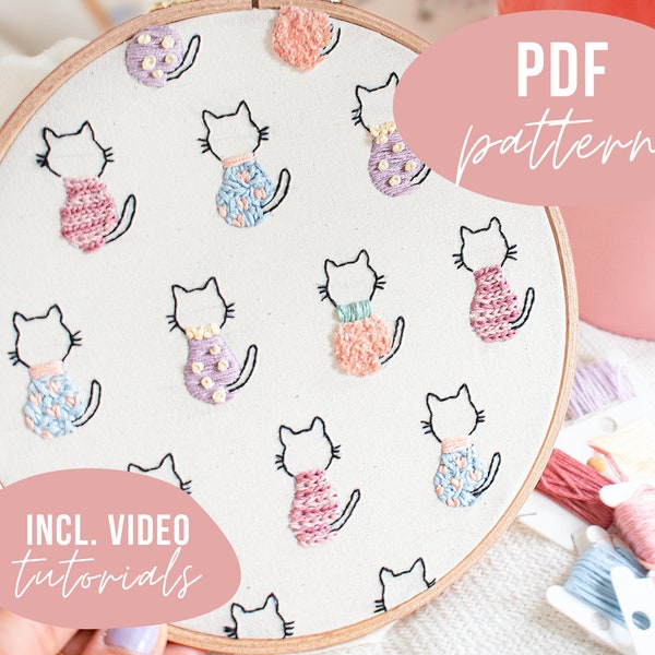 PDF PATTERN. Cute cat embroidery design. Digital download with video tutorials.