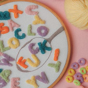 Pode incluir: Um aro de bordado branco com a palavra "F*CK" escrita em letras felpudas coloridas. As letras s&atilde;o cercadas por outras letras de v&aacute;rias cores. O aro est&aacute; sobre uma superf&iacute;cie rosa com um monte de an&eacute;is de cereal coloridos.