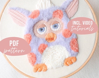 Sprechender Furby Stickvorlage. Stickmuster mit Anleitung und Videotutorials zum digitalen Download.