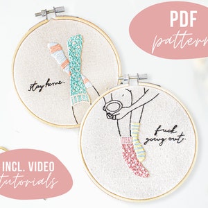 PDF PATTERN. Stay home socks embroidery design. Digital download with video tutorials.