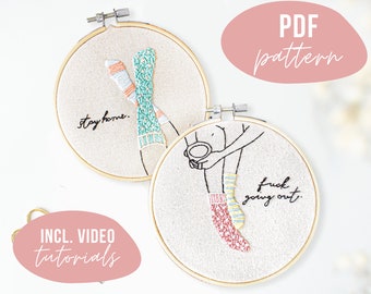 PDF PATTERN. Stay home socks embroidery design. Digital download with video tutorials.