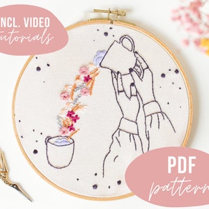 PDF PATTERN. Flower cup embroidery design. Fine line Embroidery. Digital download with video tutorials.