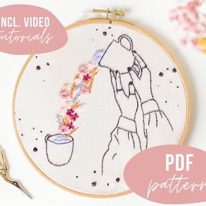 PDF PATTERN. Flower cup embroidery design. Fine line Embroidery. Digital download with video tutorials.