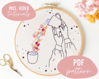 PDF PATTERN. Flowercup Design. Line embroidery pdf pattern with video tutorials. Digital download. DIY.