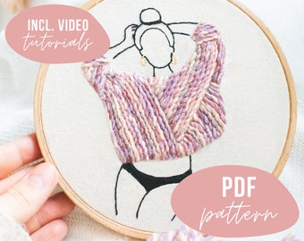 PDF pattern. Cozy sweater embroidery design. Digital download with video tutorials.