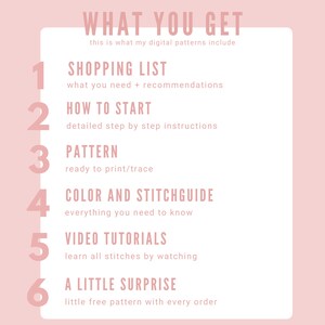 Pode incluir: Um gr&aacute;fico rosa e branco com o texto "WHAT YOU GET" e uma lista de seis itens inclu&iacute;dos na compra de um padr&atilde;o digital: uma lista de compras, como come&ccedil;ar, o padr&atilde;o, o guia de cores e pontos, tutoriais em v&iacute;deo e uma pequena surpresa.