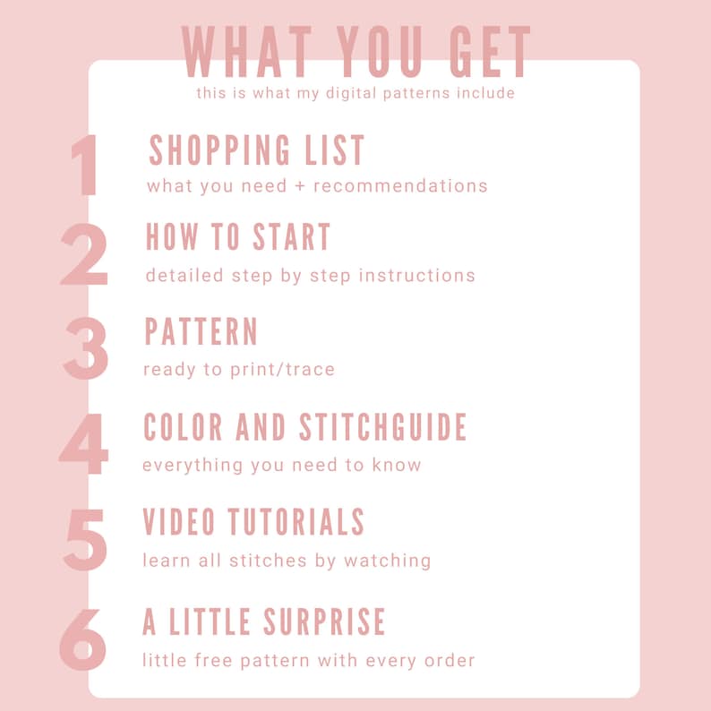 Pode incluir: Um gr&aacute;fico rosa e branco com o texto "WHAT YOU GET" e uma lista de seis itens inclu&iacute;dos na compra de um padr&atilde;o digital: uma lista de compras, como come&ccedil;ar, o padr&atilde;o, o guia de cores e pontos, tutoriais em v&iacute;deo e uma pequena surpresa.