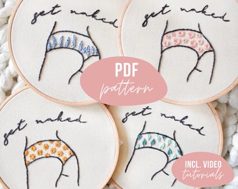 PDF PATTERN. Get naked bundle. Modern line hand embroidery design with video tutorials. Digital download. DIY.