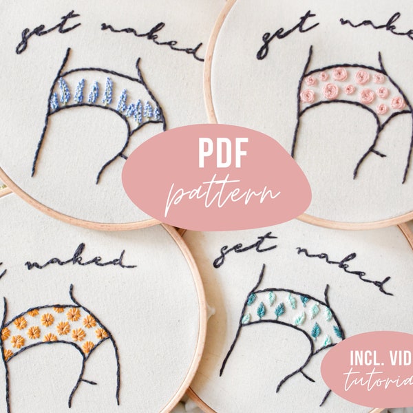 PDF PATTERN. Get naked bundle. Modern line hand embroidery design with video tutorials. Digital download. DIY.