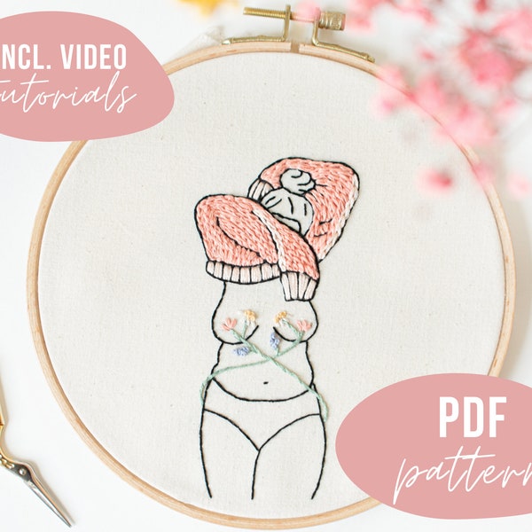PDF PATTERN. Body with flowers Design - line embroidery design. Digital download with video tutorials.