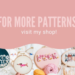 Pode incluir: Uma cole&ccedil;&atilde;o de aros de bordado com v&aacute;rios desenhos, incluindo um dachshund, a palavra "F*CK THIS" e a frase "Welcome to the SH*TSHOW". O texto "FOR MORE PATTERNS visit my shop!" &eacute; exibido em um fundo rosa.
