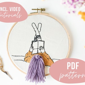 PDF PATTERN. Booklover bookworm embroidery design. 3D hair embroidery design. Digital download with video tutorials.