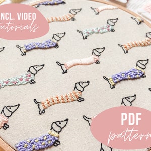 PDF PATTERN. Dachshund sausage dog doggie embroidery design. Digital download with video tutorials. image 1